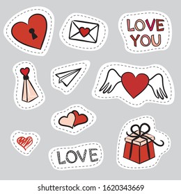 Vector hand drawn elements for Valentine's Day. Set of vector stickers. Cute doodle love collection. Hearts and love illustration