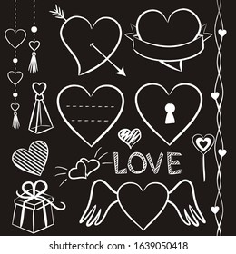 Vector hand drawn elements for Valentine's Day. Set of white elements on blackboard. Cute doodle love collection. Hearts and love illustration