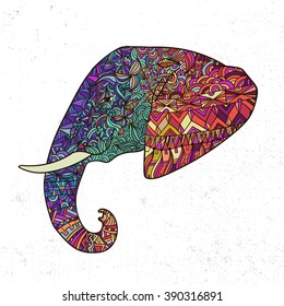 Vector hand drawn elephant illustration, ornate, colorful, decorated animal. T-shirt print, modern design