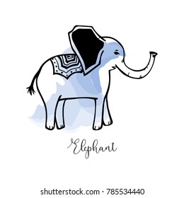 Vector hand drawn elephant on watercolor background.
