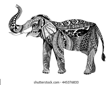 Vector hand drawn Elephent. Black and white zentangle art. Ethnic patterned illustration for antistress coloring book, tattoo, poster, print, t-shirt.