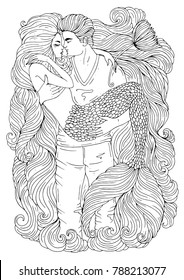 Vector hand drawn embraces a loving couple. A young guy is holding hands a sea mermaid with long hair and a scaly tail. Pattern coloring page A4 size