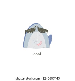 Vector hand drawn emoji. Cute smiling shark in sunglasses with emotions. Cool. Summer sea theme. Funny illustration for messengers, social media, online chats.