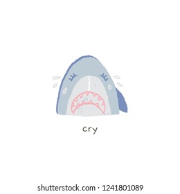 Vector hand drawn emoji. Lovely shark smile with emotions. Sad, cry. Illustration for social media, messengers, online chats. Sea theme.