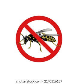 Vector hand drawn engraved  isolated illustration of wasp, insect, stings, wasp sting. Prohibited insect, stop, warning, forbidden, no, ban bug sign. Detailed vintage etching style drawing.