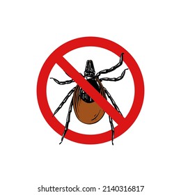 Dibujo a mano del vector ilustración aislada de alergia a ácaros, parásito, araña. Prohibido insecto, parar, advertir, prohibido, no, prohibir la señal de fallo. Dibujo detallado de estilo de grabado vintage.