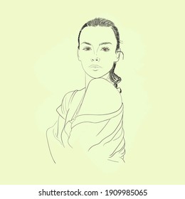 Vector Hand drawn engraved pencil sketch with face beautiful of a girl.