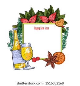 Vector hand drawn engraving style vintage banner “Happy New Year” with bottle of champagne, orange, anise star, poinsettia, fir branches and frame. Isolated on white.