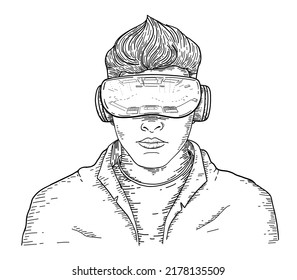 Vector Hand Drawn Engraving Style Guy wearing Virtual Reality headset Abstract VR world Person wearing virtual reality glasses and traveling the world Meta verse Virtual guide Technology Concept