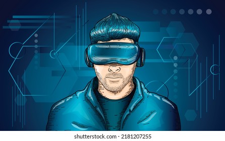 Vector Hand Drawn Engraving Style Guy wearing Virtual Reality headset Abstract VR world Person wearing virtual reality glasses and traveling the world Meta verse Virtual guide Technology Concept