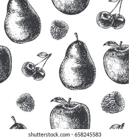 Vector hand drawn engraving style black and white seamless fruit pattern. Pear, apple, cherries, raspberry fabric, paper, background. 