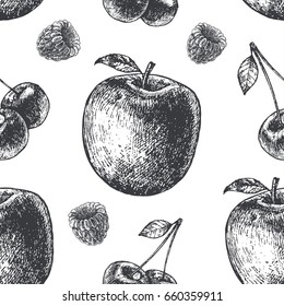 Vector hand drawn engraving style black and white seamless fruit pattern. apple, cherries, raspberry fabric, paper, background. 