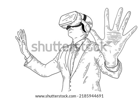 Vector Hand Drawn Engraving Style Suit Man Wearing Virtual Reality Headset Abstract VR world Person wearing virtual reality glasses and traveling the world Meta verse Virtual guide Technology Concept.