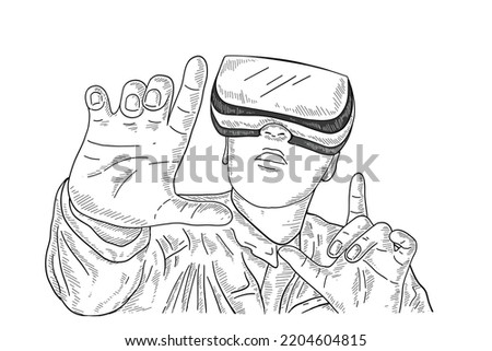 Vector Hand Drawn Engraving Style Suit Man Wearing Virtual Reality Headset Abstract VR world Person wearing virtual reality glasses and traveling the world Meta verse Virtual guide Technology Concept.