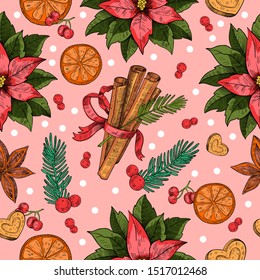Vector hand drawn engraving vintage style seamless pattern with Christmas objects. For apparel, linen, textile, fabric, wrapping paper, souvenirs.