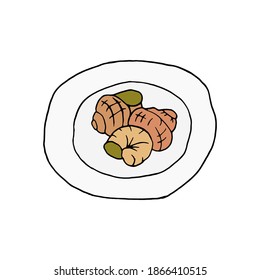 Escargot dibujado a mano con vectores en la vista superior de la placa. Platos franceses de caracoles. Diseño de boceto para la cafetería de menú, bistró, restaurante, etiqueta y embalaje. Ilustración colorida sobre un fondo blanco.