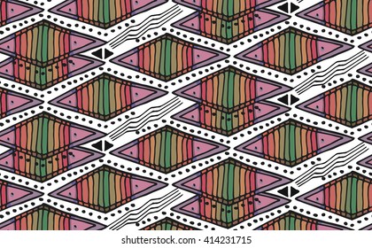 Vector hand drawn ethnic  decorative ornamental geometric background with rhombus in black and red colors.Seamless Geometrical Ornamental Patterns.
