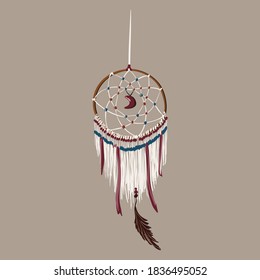Vector hand drawn ethnic dream hunters made of wicker moulinet and natural stone beads with colorful ribbons. Illustration for boho/tropical interior design banner, magazine, post, website