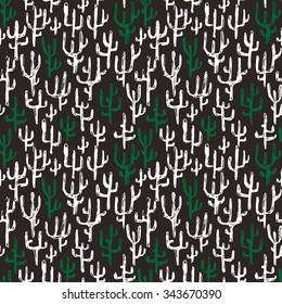 Vector hand drawn ethnic seamless pattern with tribal abstract elements, trees and cactus.