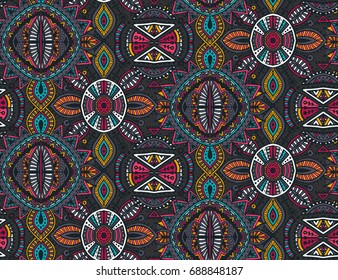 Vector hand drawn ethnic seamless pattern with tribal abstract elements. Colorful endless background.