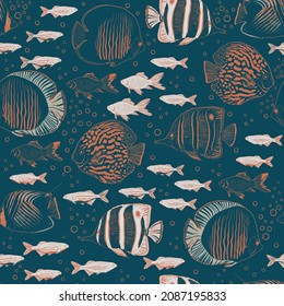 Vector hand drawn exotic fishes seamless pattern print background. Perfect for textile, book covers, wallpapers, design, graphic art, printing, hobby, invitation, scrapbooking.