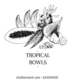 Vector hand drawn exotic fruits. Engraved smoothie bowl ingredients. Tropical sweet food. Papaya, banana, pitaya, fig. Use for exotic restaurant food party