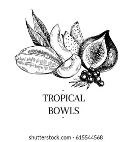 Vector Hand Drawn Exotic Fruits. Engraved Smoothie Bowl Ingredients. Tropical Sweet Food. Carambola, Papaya, Guava, Pitaya, Fig, Acai. Use For Exotic Restaurant Food Party