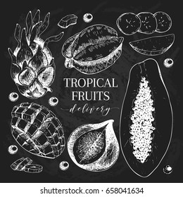 Vector hand drawn exotic fruits. Chalkboard style engraved smoothie bowl ingredients. Tropical sweet food delivery. Pitaya, carambola, banana, mango, papaya, fig. Use for exotic restaurant food party