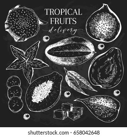Vector hand drawn exotic fruits. Chalkboard style engraved smoothie bowl ingredients. Tropical sweet food delivery. Pitaya, carambola, mango, papaya, fig, guava. Use for exotic restaurant food party