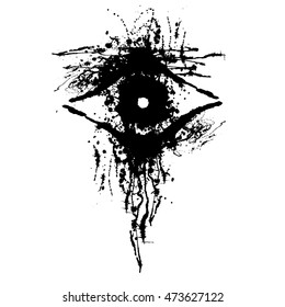 Vector hand drawn eye. Artistic creative black and white graphic illustration with inc splash, blots and smudge isolated on the white background. 