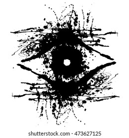 Vector hand drawn eye. Artistic creative black and white graphic illustration with inc splash, blots and smudge isolated on the white background. 