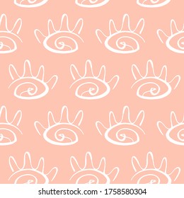 Vector hand drawn eye doodles seamless pattern on coral background, fashion ethnic fabric, tribal print texture, modern design