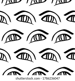 Vector hand drawn eye doodles seamless pattern, black on white background, fashion ethnic fabric, tribal print texture, modern design