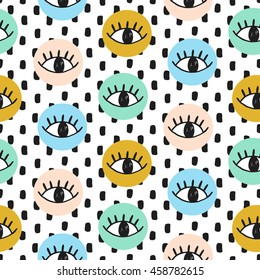 Vector hand drawn eye doodles in circles. Seamless pattern in blue, golden, coral and mint colors, modern design