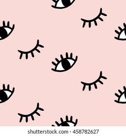 Vector hand drawn eye doodles seamless pattern on coral background, modern design