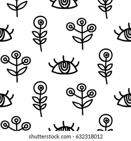 Vector hand drawn eyes and scandinavian plants simple doodles seamless pattern, isolated on white background, modern design. Tribal background, minimal hipster textile print