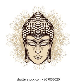 Vector hand drawn face Buddha, mandala, ornament. Illustration suitable for poster printing on textile, phone.