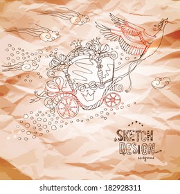 Vector hand drawn fairy background with bird for girls invitation