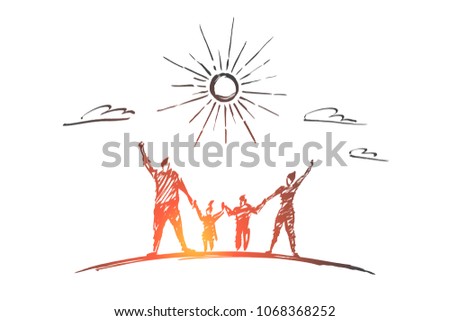 Vector hand drawn family concept sketch with pencil over it. Happy man, woman and two children standing and holding each other with raised hands under the Sun