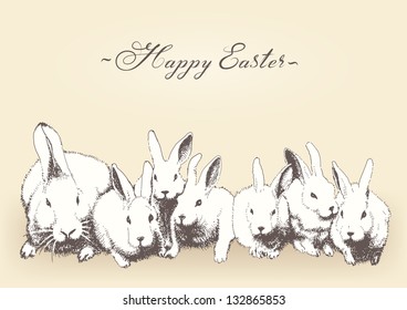 Vector hand drawn family of rabbits, Happy Easter design, A4