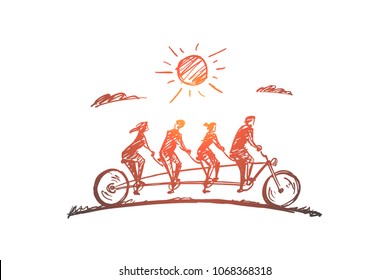 Vector hand drawn Family time concept sketch. Family consisting of four members riding one big bicycle together in summer.