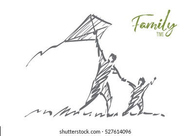 Vector hand drawn Family time concept sketch. Dad and son flying kite together in summer. Lettering Family time