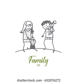 Vector hand drawn family time concept sketch with father and mother holding their little daughter and son