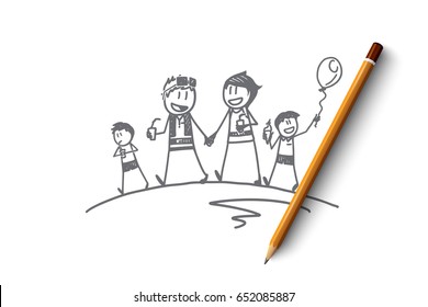 Vector hand drawn family time concept sketch with father, mother and children walking together with drinks and ice cream