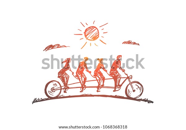 Vector\
hand drawn Family time concept sketch. Family consisting of four\
members riding one big bicycle together in\
summer.