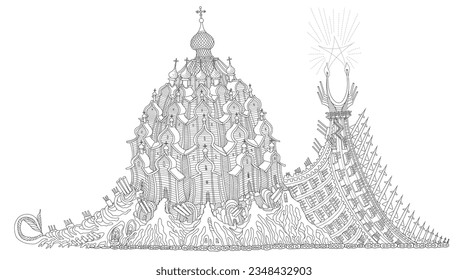 Vector hand drawn fantasy monster snail from wooden castle on tank tracks, fortified walls with cannons and rocket launchers. Coloring book page