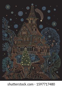 Vector hand drawn fantasy old tree stump with fairy tale house and fir-tree. Linear contour sketch. Tee-shirt print on a black background. New Year and Christmas greeting card, party invitation 