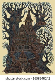 Vector hand drawn fantasy old tree stump with fairy tale house and barbeque gazebo on a beige background. Linear contour sketch. Tee-shirt print, greeting card, Halloween party invitation