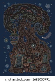 Vector hand drawn fantasy old tree with fairy tale house. Linear contour sketch. Tee-shirt print on a dark blue background. New Year and Christmas greeting card, party invitation 