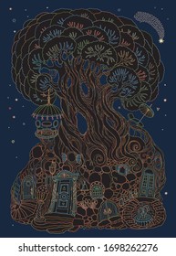 Vector hand drawn fantasy old tree with fairy tale house. Linear colorful contour sketch. Tee-shirt print on a dark blue background. Post greeting card, summer party invitation 